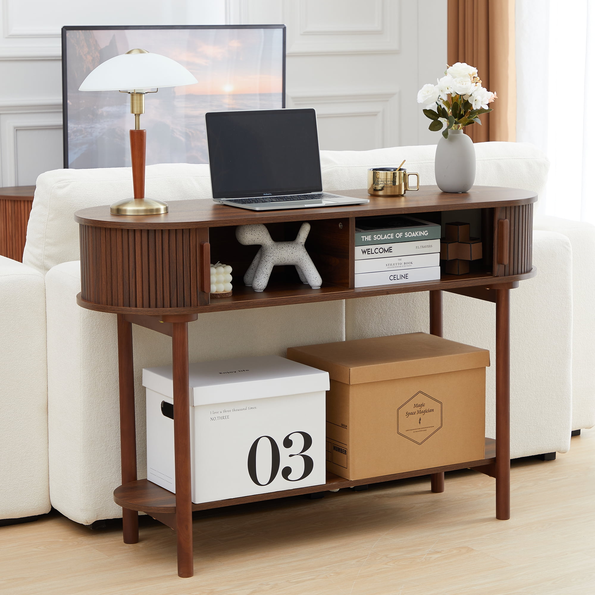 Wood Walnut Console Table with Door, 2-Tier Modern Sofa Table for