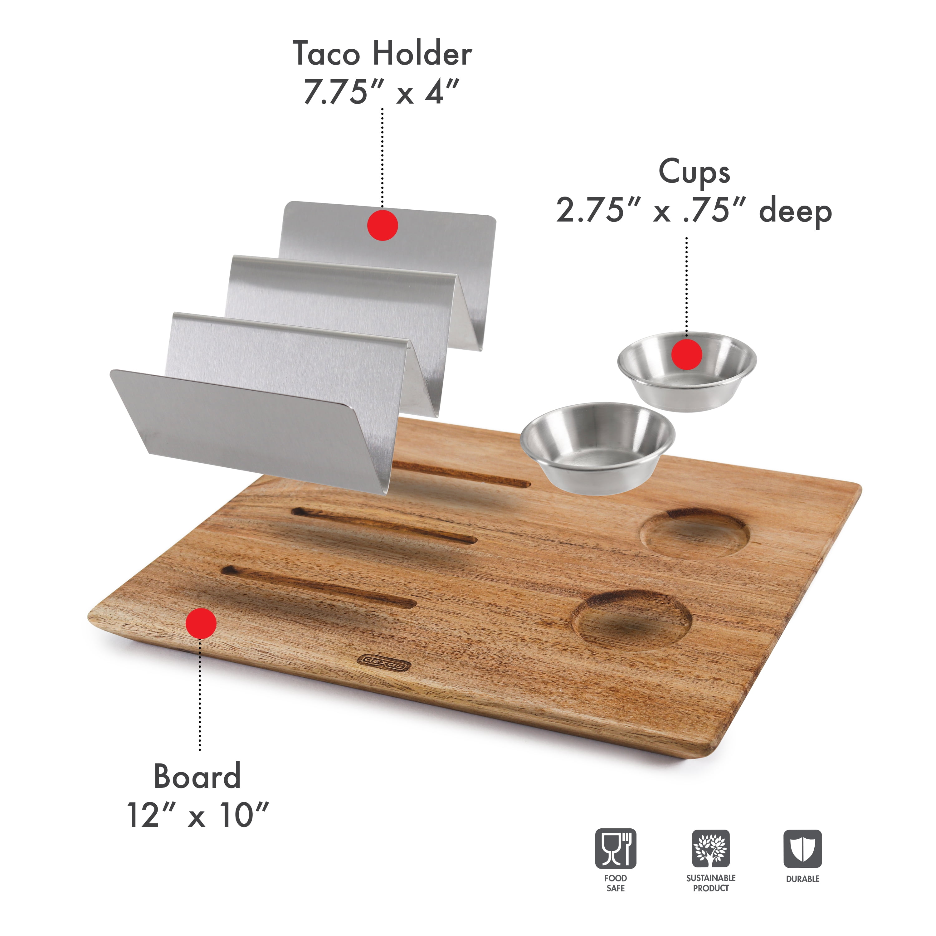 Dexas Acacia Wood Taco Serving Board with Two 2oz Stainless Steel Cups and Taco Holder