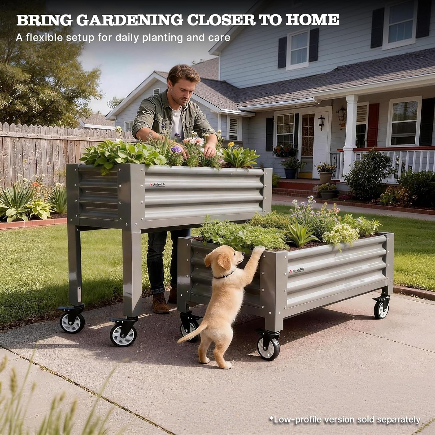 A ANLEOLIFE Elevated Raised Garden Bed with Lockable Wheels, 48x18x35 in Galvanized Steel Planter Box with Legs, Waist-High Design, Reinforced Frame for Balcony, Patio & Porch, Quartz Grey