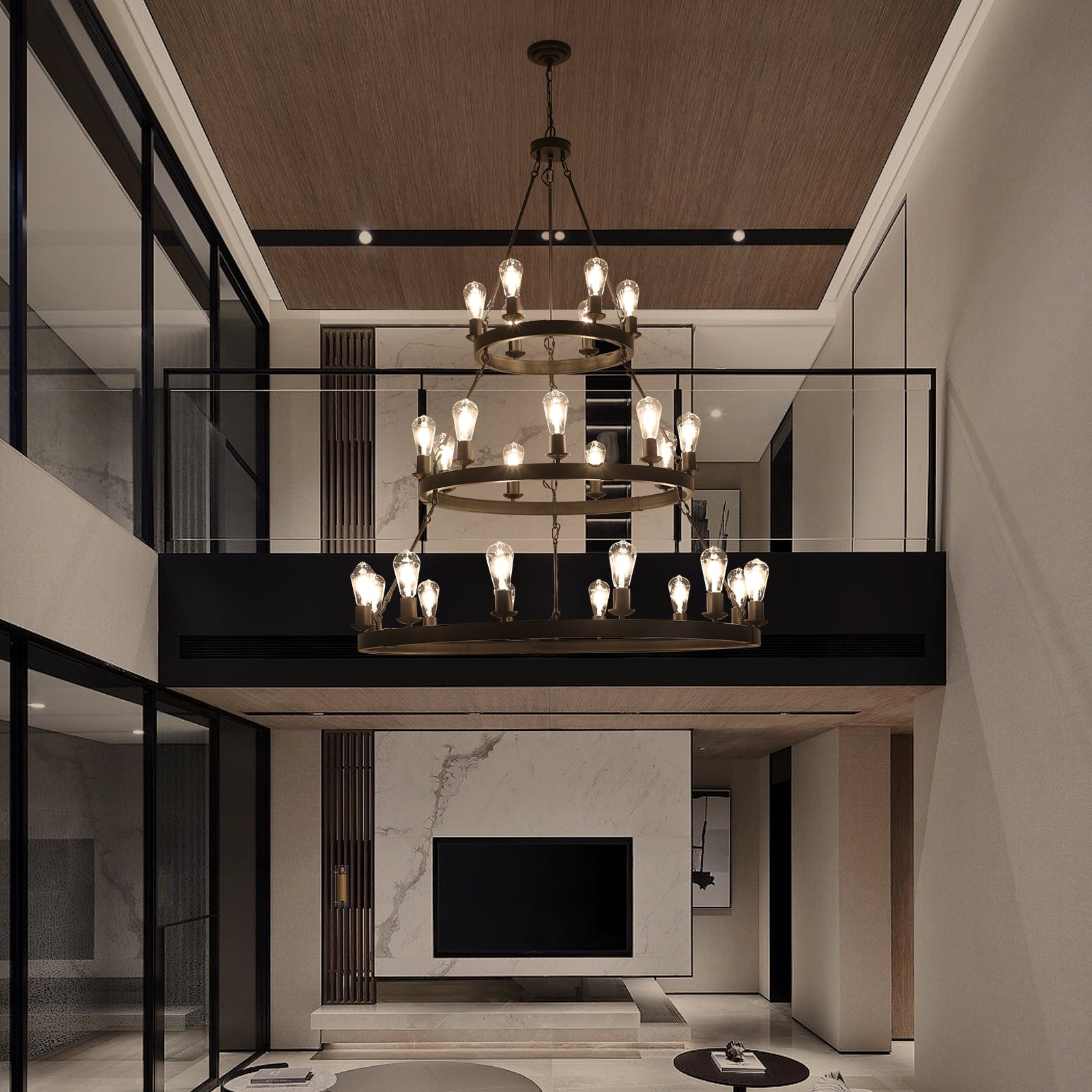 Wagon Wheel Chandelier 3 Tier 45-Inch 27 -Light, Farmhouse Industrial Chandelier Black Rustic Pendant Light Fixture Extra Large for High Ceilings, Living Room Foyer