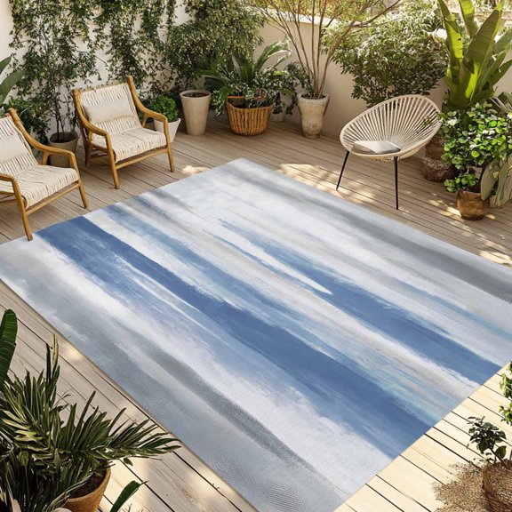 Ombre Blue Texture Outdoor Area Rug 4x6ft Decorative Indoor Outdoor Rug Ocean Beach Patio Area Rug for Porch, Deck, Balcony, Entryway, Camping & RV
