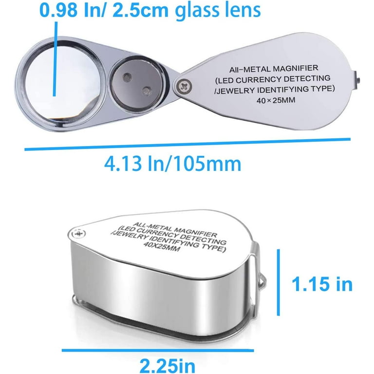 2 Pack 40X Illuminated Jewelers Loop, JLY Pocket Folding Full Metal  Jewelers Loupe Magnifying Glass with Lights for LED Currency Detecting,  Jewelry Identifying, Rock Collecting, Stamps Coins 1 