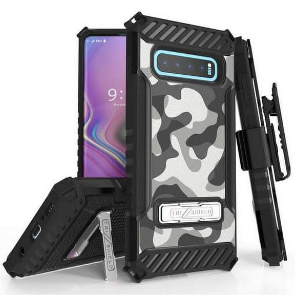 Galaxy S10 Plus (SM-G975) Case, TRISHIELD Rugged Cover With   [Belt Clip Holster]   [Built in kickstand] For Samsung Galaxy S10 Plus - Urban Camo White