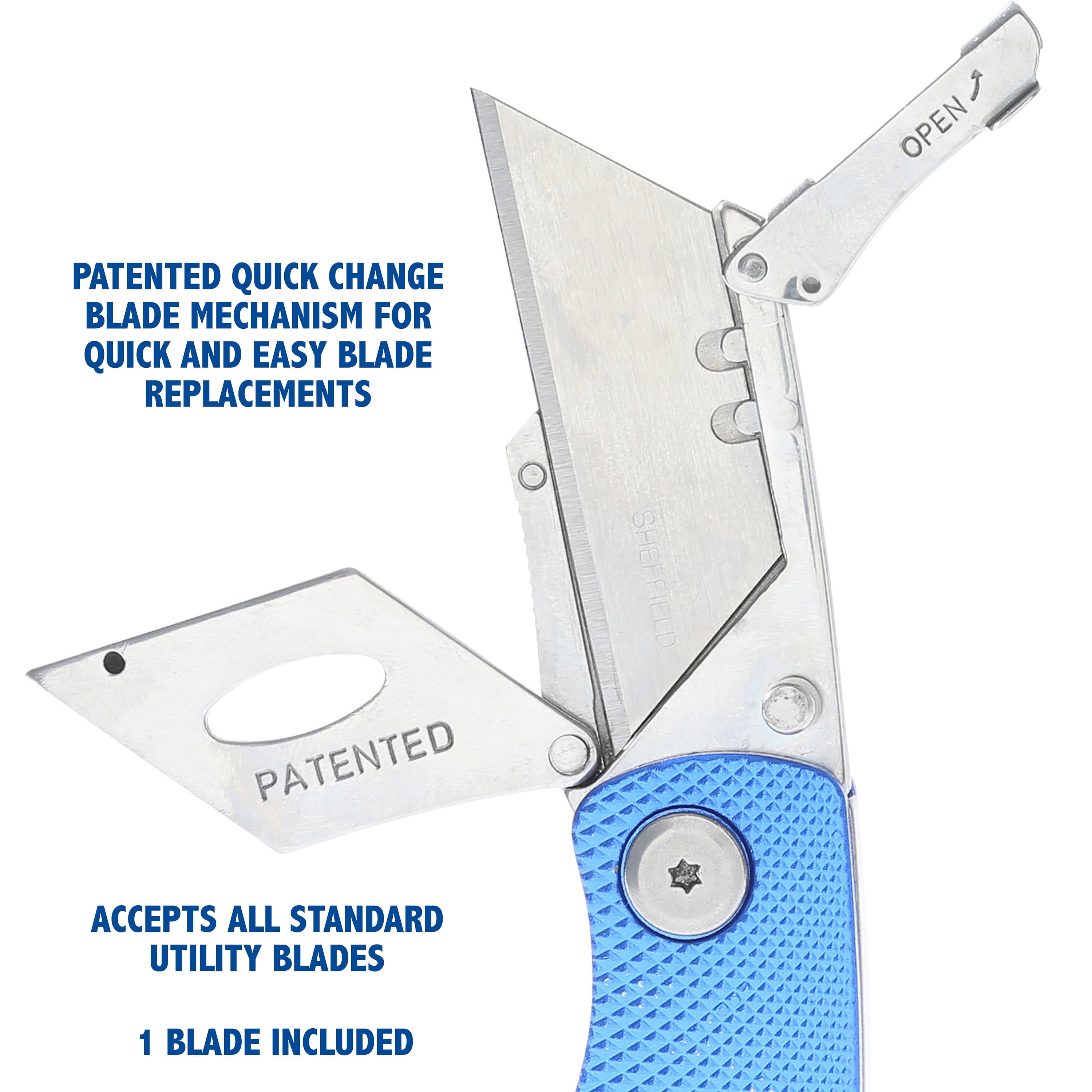 Sheffield Quick Change Folding Utility Knife, 6 inch, 3 Pack, Blue