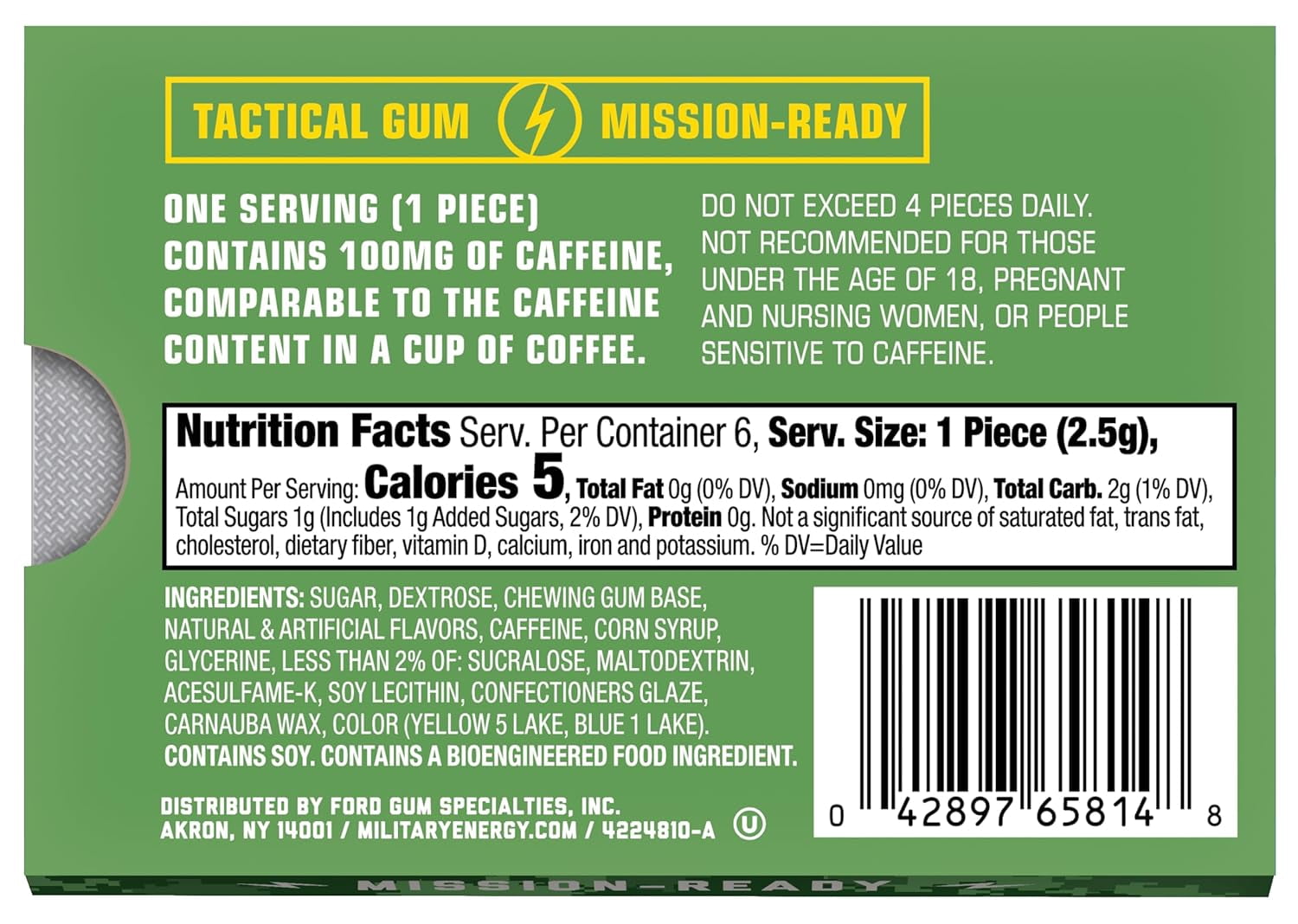 MEG (Military Energy Gum) - Spearmint | Energy Caffeine Gum | 100mg Caffeine Per Piece |Fast-Acting Performance Boost - 12 Packs