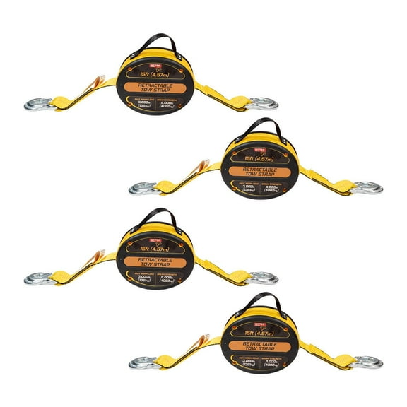 4 Pack 2 Inch x 15 FT Retractable Tow Strap with Carbon Steel Slip Hooks | 9000 lbs. Breaking Strength, (Color) | Used for Towing, Vehicle Recovery