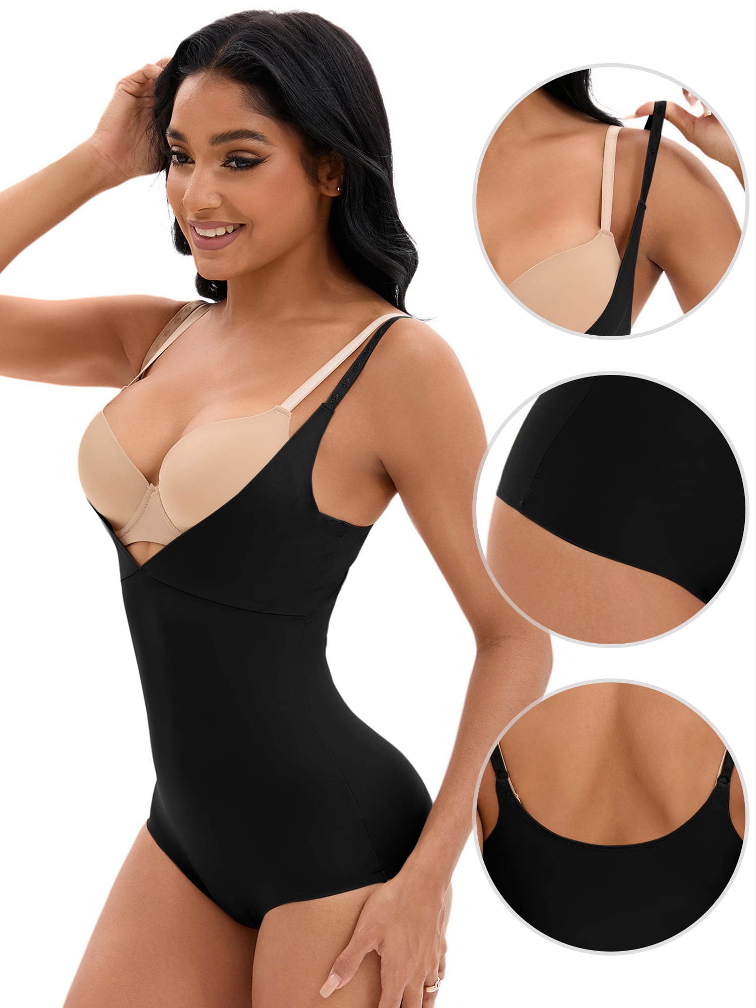 Unique Bargains Women's Tummy Control Cami Adjustable Straps Shapewear Bodysuits M Black