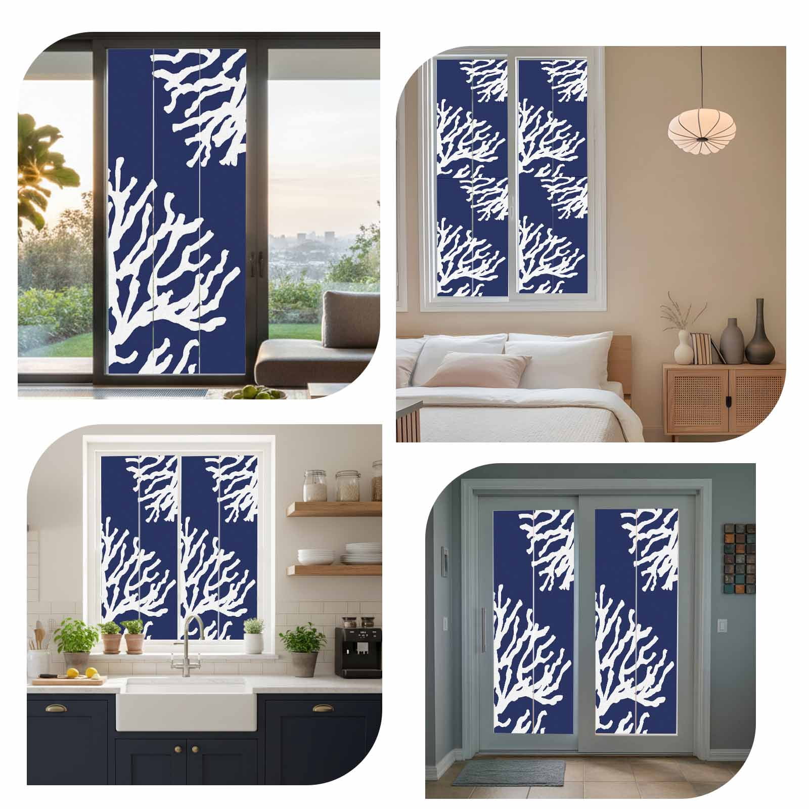 Coral Navy Blue Window Privacy Film, Coastal Ocean Marine Nautical Beach Static Cling UV Sun Blocking Heat Control Window Tint Day and Night, Non-Adhesive One Way Windows Privacy Cover 17.7''x39.3''
