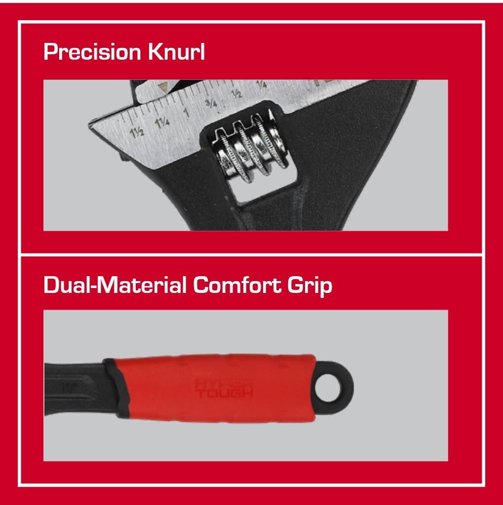 Hyper Tough 10-inch Wide Jaw Adjustable Wrench, Dual Material Comfort Grips
