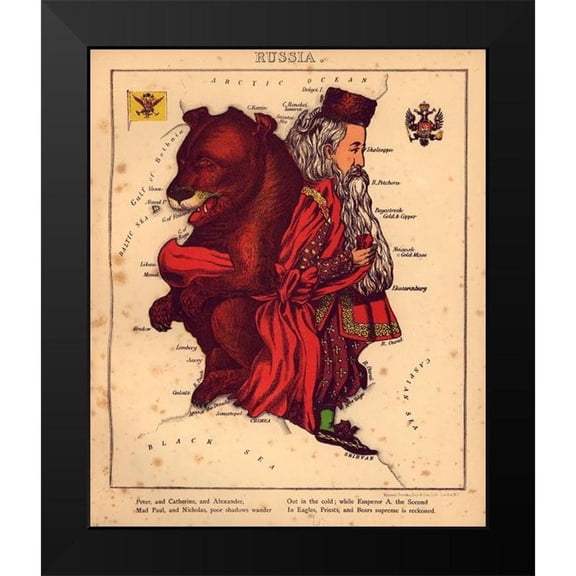 Vintage Maps 12x14 Black Modern Framed Museum Art Print Titled - Anthropomorphic Map of Russia