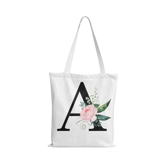 Small Christmas Gift Bags with Handles Monogram Canvas Cosmetic Bag, Christmas Personalized Birthday Gift, Floral Initial Tote Card, Bridesmaids Bride Teacher Sister Mom Gift