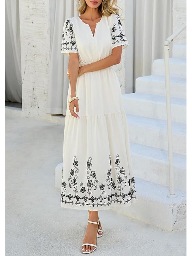 flowy dresses for beach wedding guest MEROKEETY Spring Mesh Short Sleeve Long Dres  Merokeety *COMPOSITION* Cotton *CARE* Gentle hand wash 30oC Model is wearing size S What to Wear to a