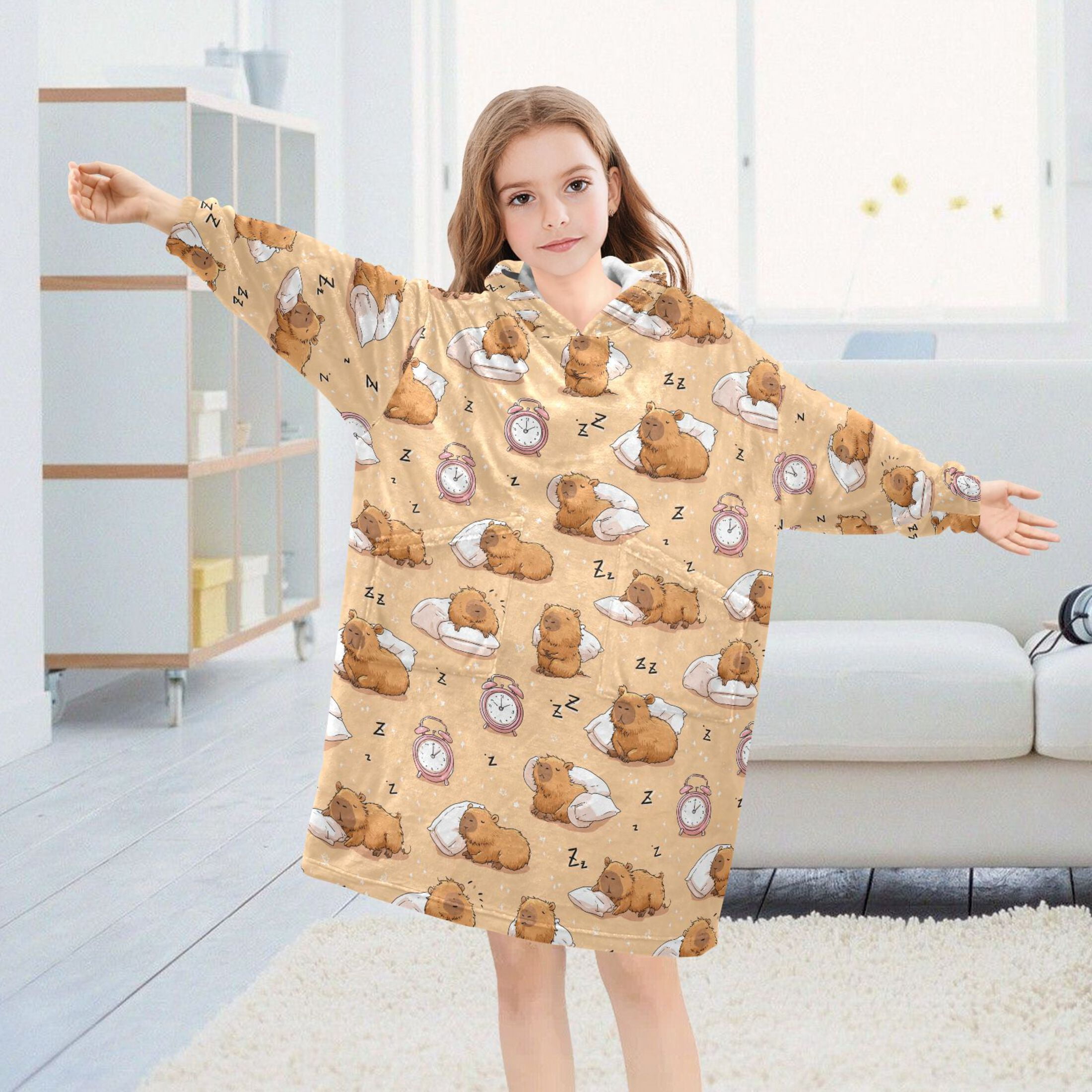 Wearable Blanket Hoodie for Kids Alarm Clock Capybara Flannel Hooded Blanket with Pockets and Sleeves Suitable for Boys and Girls