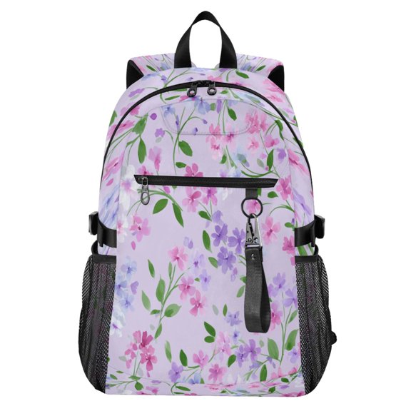 Full‑Print Casual Laptop Backpack, 20L Water‑Resistant Twill Tote Daypack with 14 Inch Computer Compartment for School Business Travel Lavender Dense Floral Print