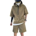 thumbnail image 2 of Xioeram 2Pcs/Set Men Casual Outfit Hooded Zipper Neckline Short Sleeve T-shirt Elastic Waist Wide Leg Shorts Set Solid Color Loose Fit Outfit, 2 of 8