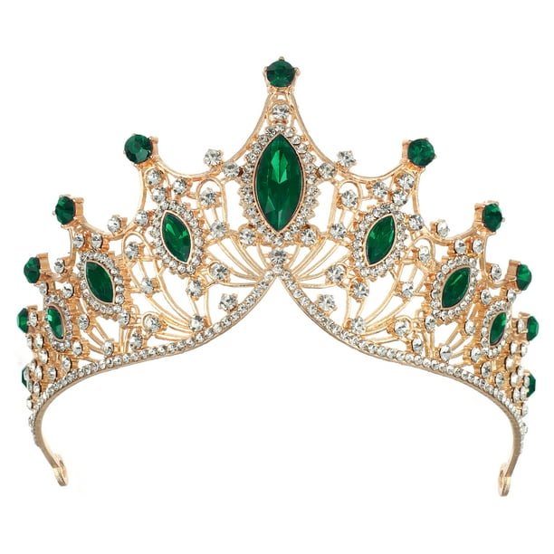 Mujeres Faux Crystal Queen Crowns Tiara, Princess Rhinestone Headband, Bride Wedding Birthday Party Cosplay Accesorios para el cabello, Gold Tone Green