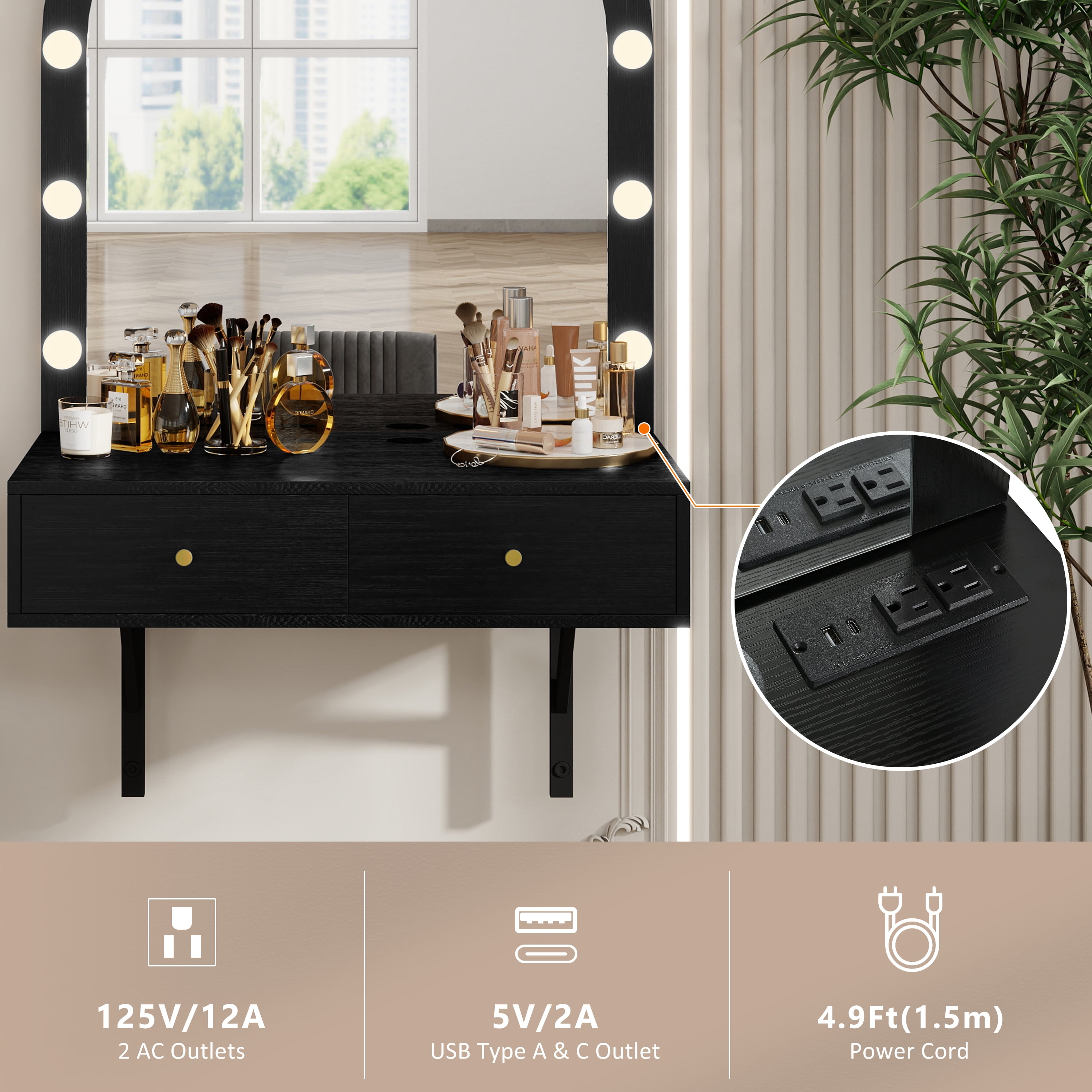 GARITIN Floating Makeup Vanity Desk 31.5 Inch, Wall Mounted Dressing Table with LED Mirror and Power Outlet for Bedroom Bathroom, Black
