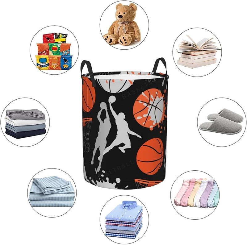 Basketball Sport Theme Laundry Hamper Bag With Waterproof Liner - Round Laundry Basket Foldable Clothes Storage Organizer For Bathroom Bedroom Nursery Dorm