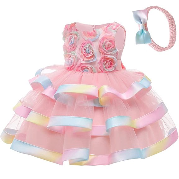 Girls Flower Dress Toddler Kids Ruffles Wedding Princess Dresses with Headband Gown