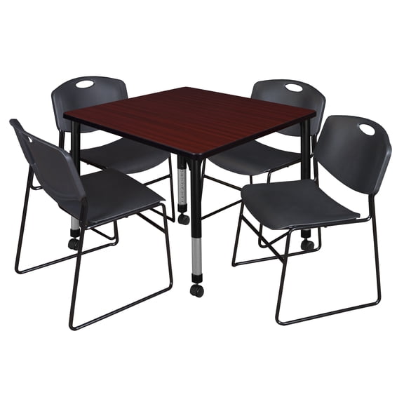 Regency Kee 36 in. Square Mobile Adjustable Classroom Table- Mahogany & 4 Zeng Stack Chairs- Black