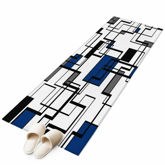 Blue Geometric Runner Rug 2x6 FT,Non Slip Hallway Carpet,Minimalist Black Gray Abstract Striped Washable Soft Floor Carpet Non-Shedding Throw Runner Carpet Long Rug for Entryway Kitchen Bedside Door