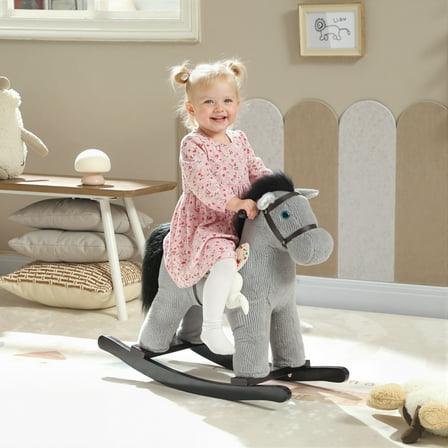 Qaba Toddler Rocking Horse, Plush  Kids Ride on Toy with Realistic Neigh and Toy, Animal Rocker for 2–5 Years Old, Gray