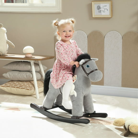 Qaba Toddler Rocking Horse, Plush  Kids Ride on Toy with Realistic Neigh and Toy, Animal Rocker for 2–5 Years Old, Gray
