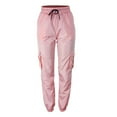 thumbnail image 4 of RYRJJ Women's Cargo Pants Casual Outdoor Solid Color Elastic High Waisted Work Trouser Drawstring Baggy Jogger Workout Pants with Pockets Pink S, 4 of 5