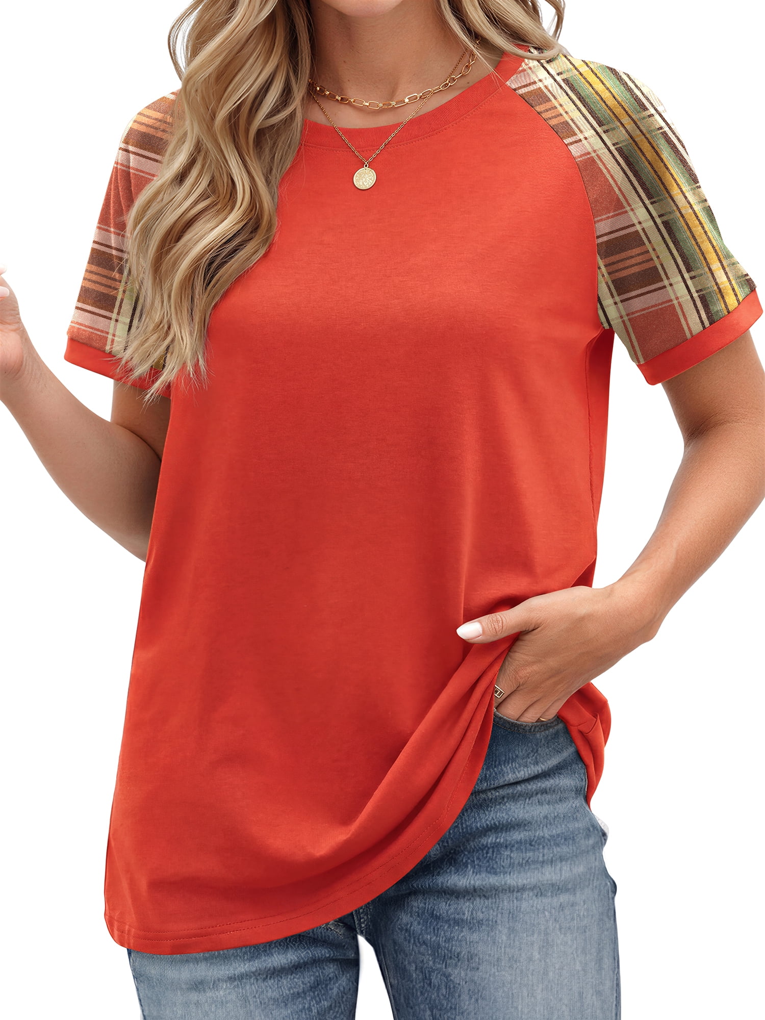 Fantaslook Color Block T Shirts for Women Crewneck Short Sleeve Tops Summer Blouses Fashion Clothes
