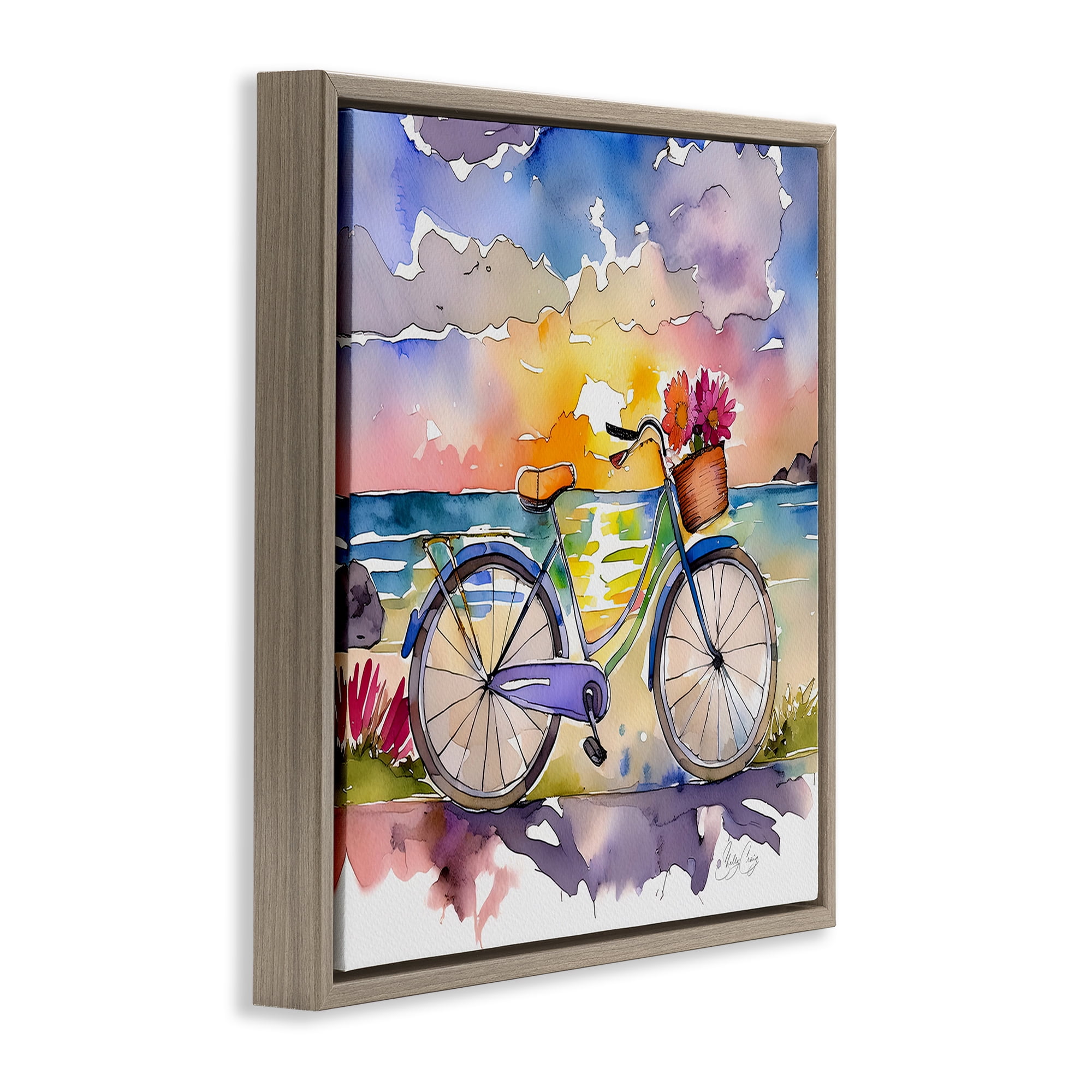 Stupell Industries Bicycle By The Seaside Brown Framed Floater Canvas Wall Art, design by Shelly Craig