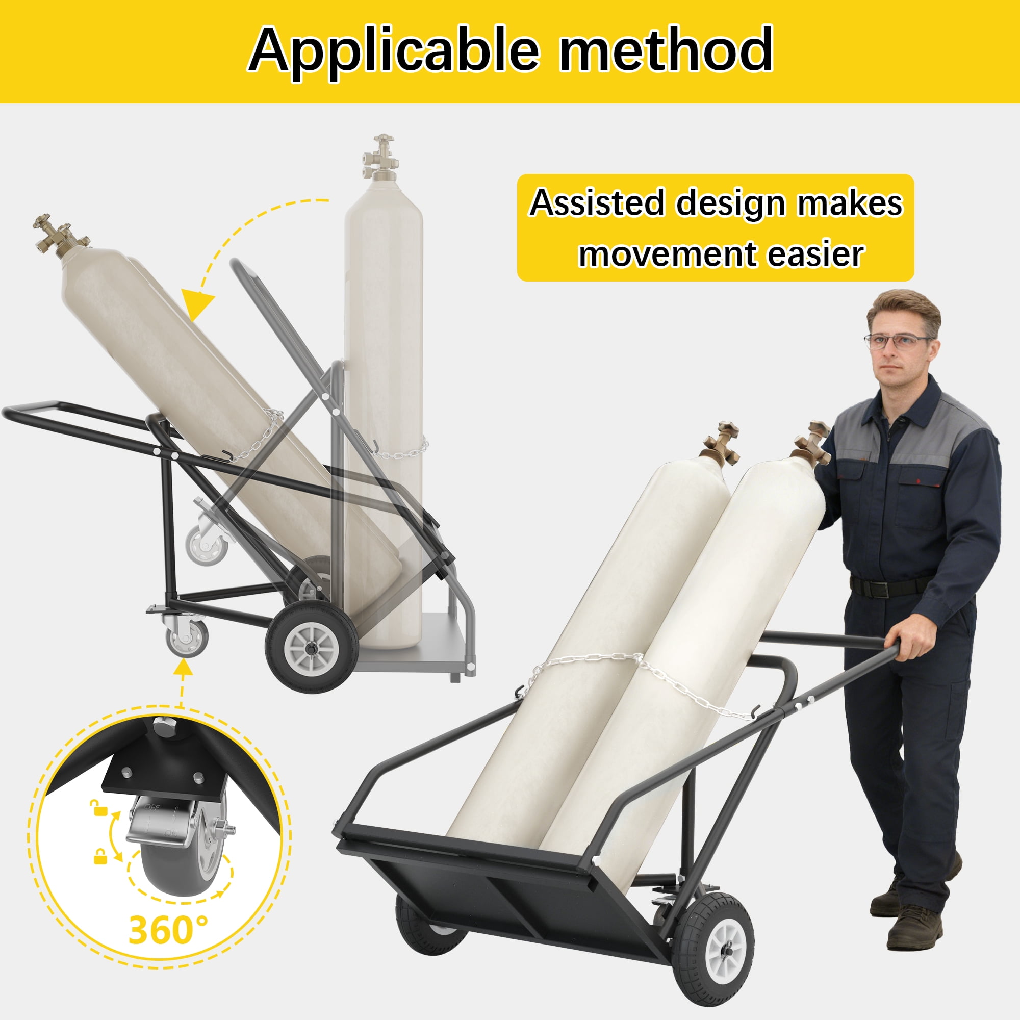 Heavy Duty Gas Cylinder Cart with Auxiliary Wheel - Dual Oxygen Acetylene Dolly & Welding Tank Hand Truck with Secure Chain, Triangular Structure & All-Terrain Tires