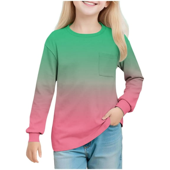 Girls Long Sleeve Gradient Color Shirts Crew Neck Winter Fall Teen Tops Vintage Clothes Kids Clothes with Pocket