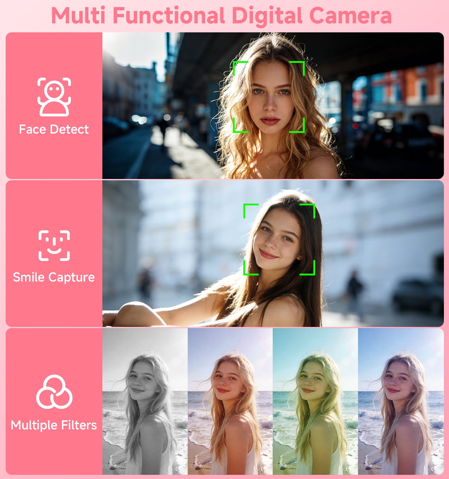 2026 Upgraded 56MP Dual Screens Digital Camera, Compact Cameras Built-in Battery with 16X Zoom Auto Focus Travel Cameras with Smile Capture 32GB SD Card Anti Shake for Kids Teens(Pink)