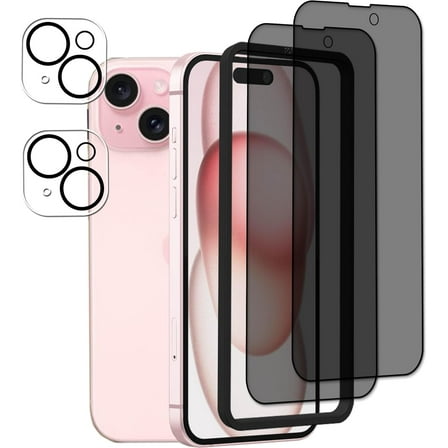 Privacy Screen Protector Designed For iPhone 15 Anti Spy Private Tempered Glass Film 2-Pack Camera Lens Protector Film 2-Pack With Easy Alignment Tool