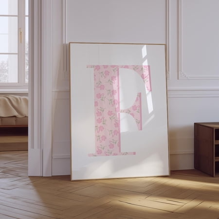 Floral Letter F Light Pink Nursery Unframed Paper Print