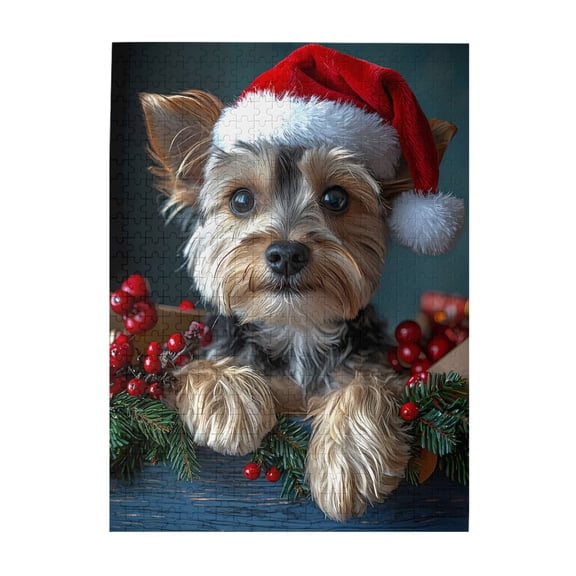 500-Piece Wooden Jigsaw Puzzle for Adults - Yorkie Puppy Santa Hat Christmas , Interlocking Pieces with Guide Letters, Holiday Gift & Home Decor