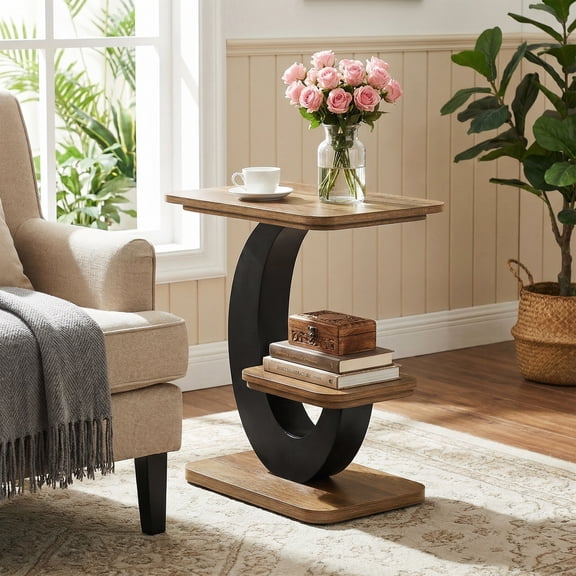 Finmind Side Table, Narrow 2-Tier Wooden End Table with Metal Arc-Shaped Frame, Brown