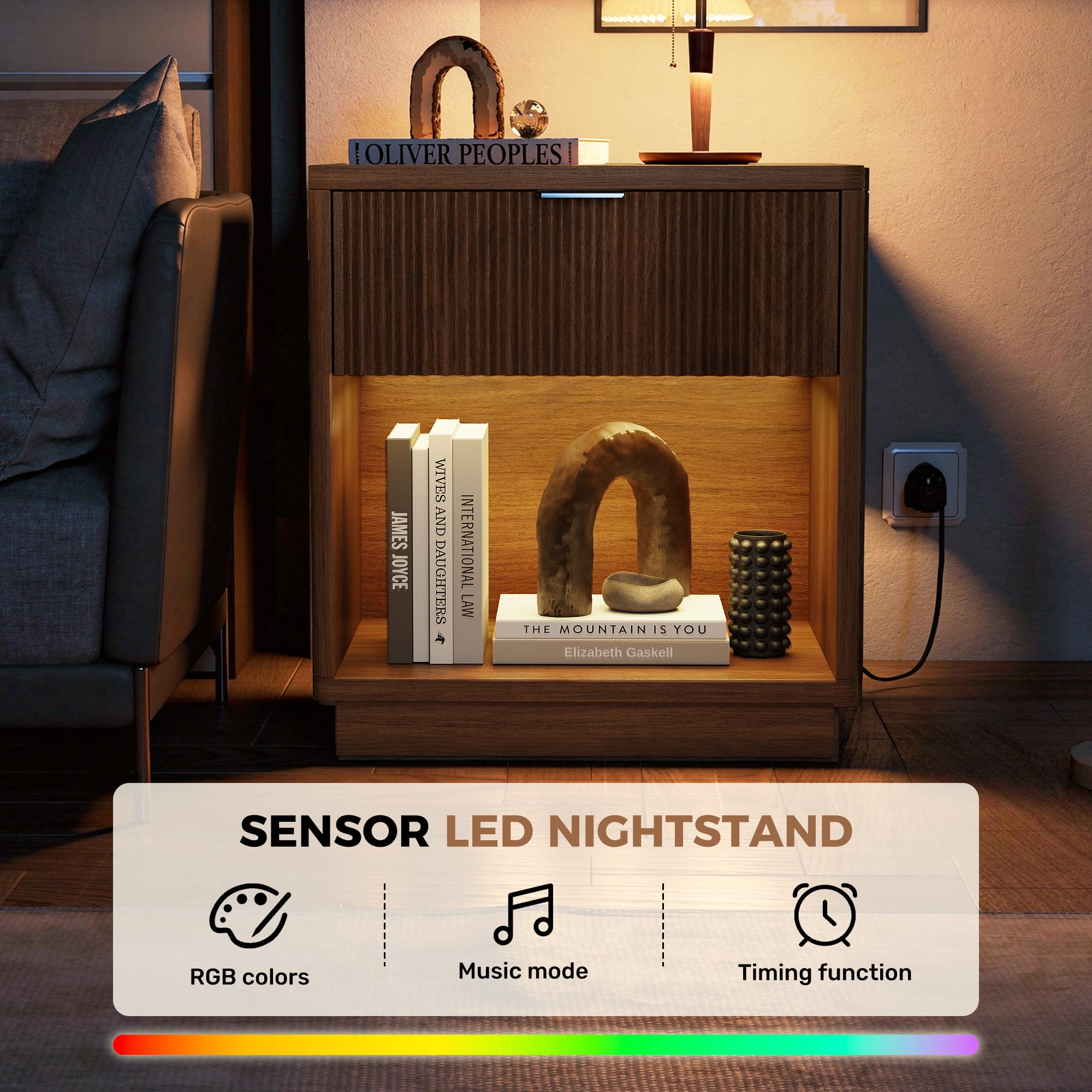 MOONMISS Wooden Nightstand Set of 2,with Drawer,USB Charging and LED Light,Walnut