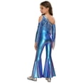 thumbnail image 2 of TiaoBug Girls Metallic One Shoulder Flared Jumpsuit 70s Disco Dance Outfit Kids Pageant Party Formal Romper Blue 10, 2 of 7