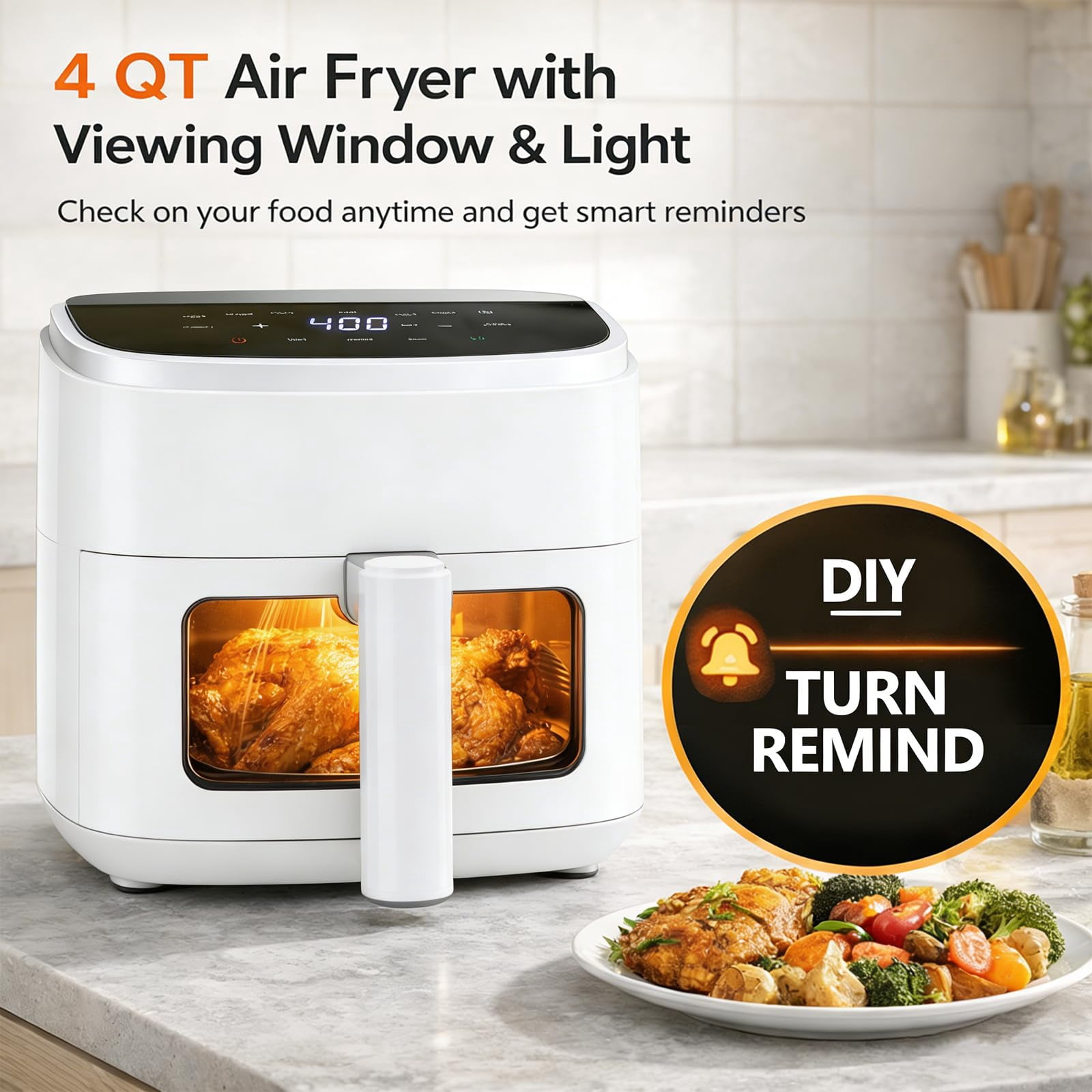 Plum Chef Air Fryer 4 Qt, 8-in-1 Digital Air Fryer with Visible Window, Nonstick Dishwasher-Safe Basket, 60-Min Timer, 1500W, White – Perfect for Fries, Wings & Baking