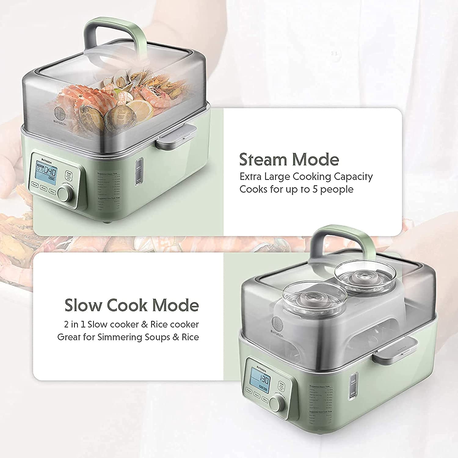 Buydeem G553 5-Quart Electric Food Steamer for Cooking, One Touch Vegetable Steamer, Digital Multifunctional Steamer, Quick Steam in 60s, Stainless
