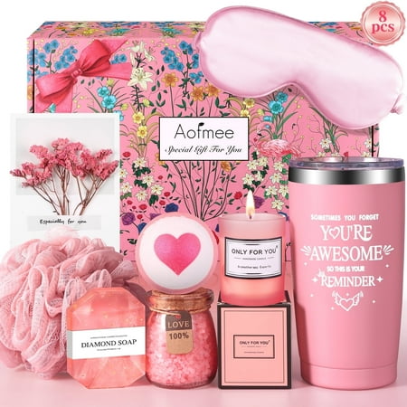 Aofmee Gift Baskets for Women, 8 Pcs Rose Spa Bath and Body Sets, Beauty Birthday Holiday Christmas Gifts for Her, Pink