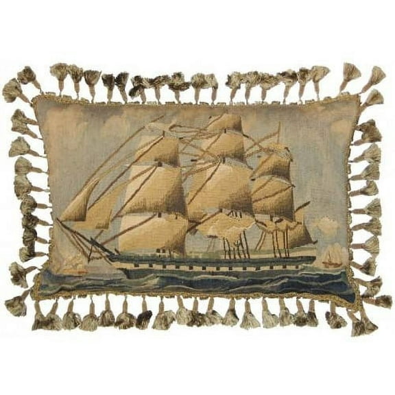 Throw Pillow Aubusson Sailing Ship Left-Facing Left 16x24 24x16 Beige Bronze