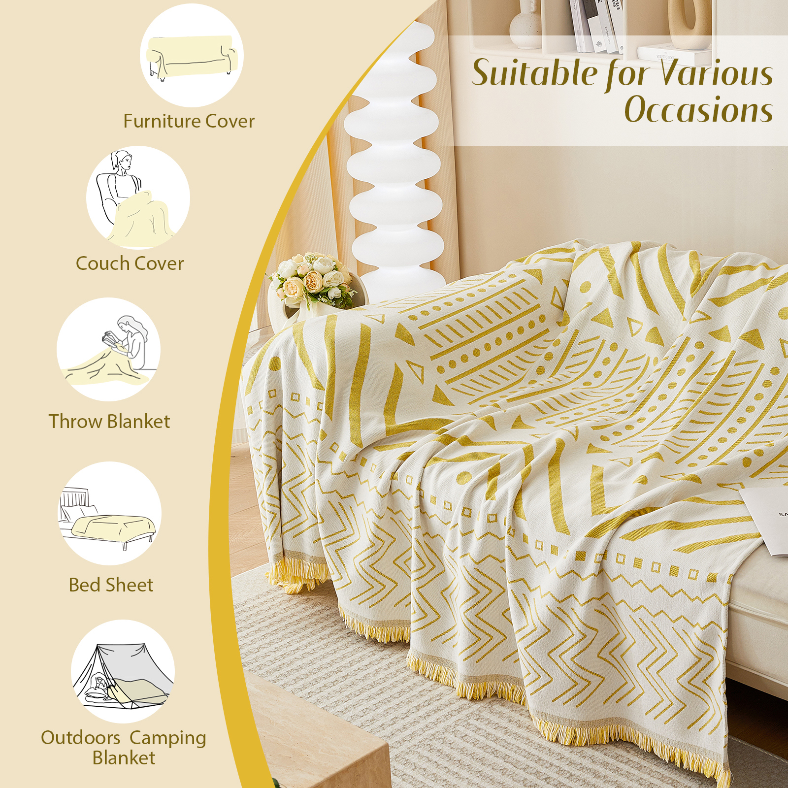 WOOW DEPOT Boho Chenille Sofa Cover Reversible w/ Tassel, Washable Throw Blanket L Shape Slipcover for 2 Cushion Couch, Mustard Yellow & White Geometric, 71"x118"