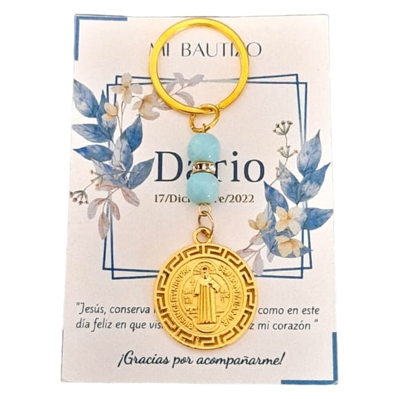Llavero perla azul San Benito Greca Chapa De Oro recuerdo con tarjeta personalizada para bautizo, primera comunión, confirmación, boda, xv años,etc.Paquete de 5 Piezas