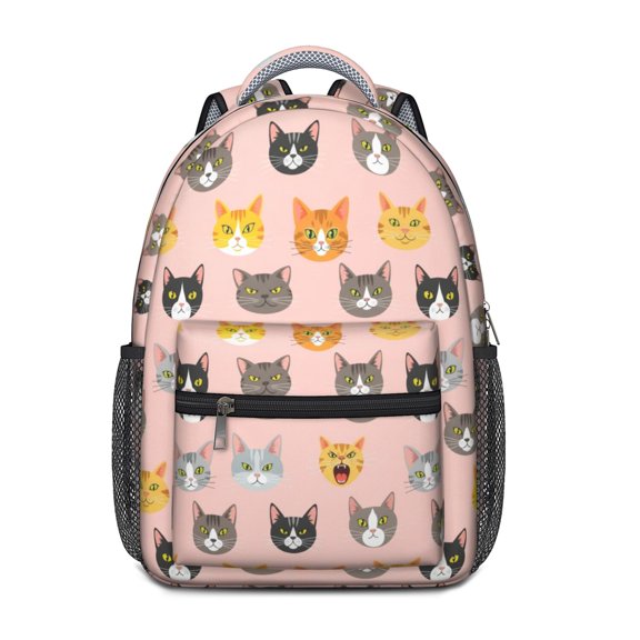Multicolor Cat Head Pink Pattern Backpack for School, Cute School Bag with Adjustable Shoulder Straps and Padded Back, 15.3"x11"x6.7"