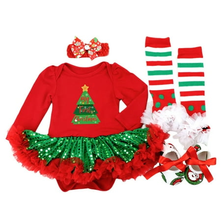 

Promotion!4pcs/set Infant Baby Girls Christmas Outfits Newborn Long Sleeve Romper Tutu Dress+Headband+Striped Leg Warmers+Shoes 0-18M