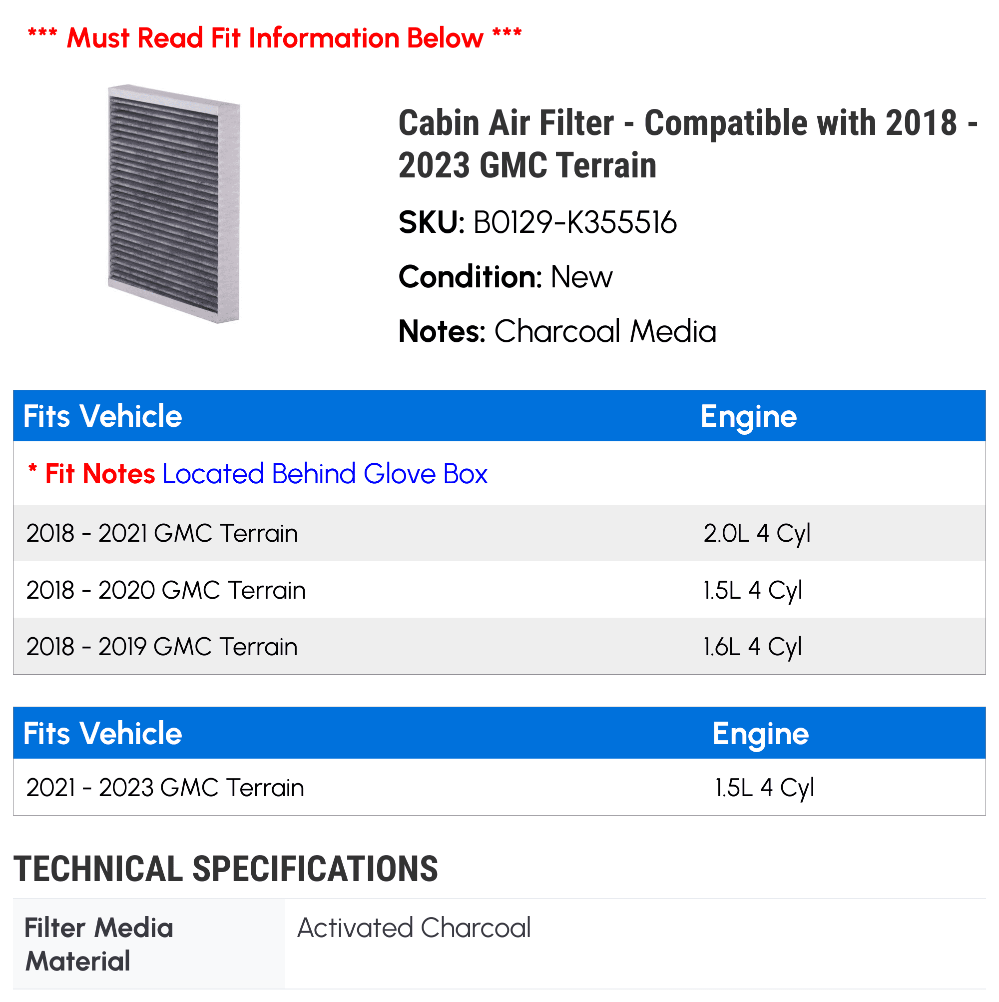 Cabin Air Filter - Compatible with 2018 - 2023 GMC Terrain 2019 2020 2021 2022