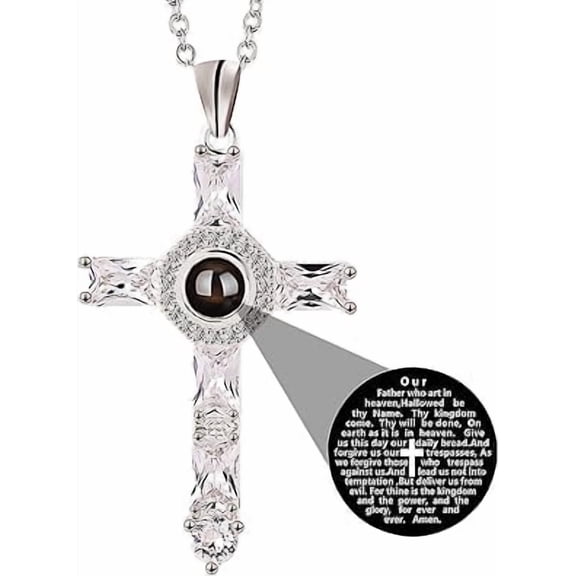 Cross Necklace Lord Prayer Projection Pendant Bible Verse Statement Religious Jewelry Gift Men Women