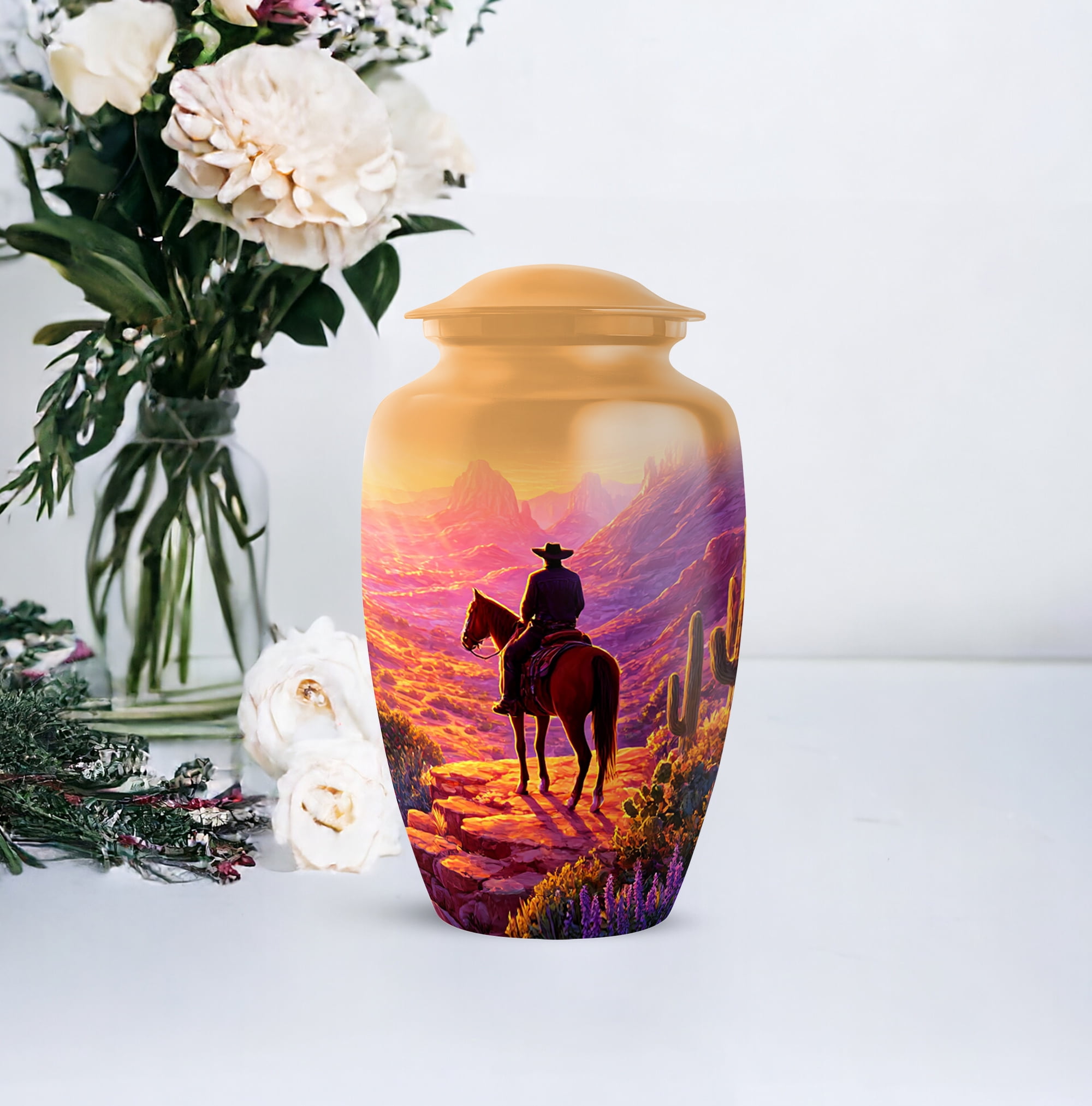 Cowboy Cremation Urns For Ashes Adult Male, Large And 2 Mini Keepsake Urns, Horse Rider Funeral Memorial Urn, Small Urn For Human Ashes Keepsake (Size 10 Inch 1 Pcs & Size 3 Inch, 2 Pcs)